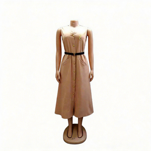 Robe chemise longue sans manches, coupe trapèze, unie, en polyester, col en V, boutonnée, mi-longue, été, grande taille pour femmes - Product Image 4