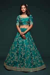 Conjunto de Lehenga Nupcial Bordado en Color Verde Azulado, de Seda y Satén, Corte en A, Largo hasta el Suelo, con Choli, Vestido de Fiesta de Boda para Mujer - Product Image 3