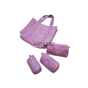 Stylish Cotton Fabric Quilted Tote Bag Cosmetic Pouch Set Zipper/Open Durable Spacious Design for Beach Daily Use Vintage - Product Image 6