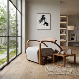Sillón de Madera de Teca Sólida, Diseño Curvo Orgánico Moderno, Sillón para Sala de Estar Tapizado en Crema, Muebles para Descanso - Product Image 5