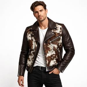 Veste en cuir de vache véritable pour homme, imprimé animal, col rabattu, fermeture éclair, style motard, vêtements d'hiver - Product Image 4