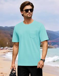 T-shirt pour homme à manches courtes, col rond, couleur unie, coupe classique, en coton, jersey décontracté, respirant, avec poche, toutes les couleurs - Product Image 3