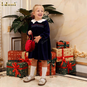 ชุดเดรสวันหยุดกำมะหยี่สีม่วงเข้มมีปกกลีบและเดรสสโมคกิ้งประดับลูกปัดชุดเดรสสำหรับเด็กผู้หญิง-DR4307 - Product Image 5