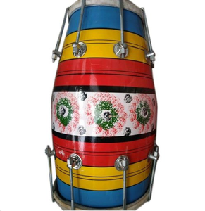 Tambour coloré de style tambourin avec extrémités roses, bandes centrales jaune-blanches et pinces métalliques, tabla en bois à prix de gros. - Product Image 2