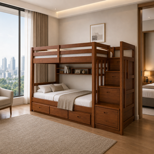Solid Teak Wood Loft Bunk <b>Bed</b> with <b>Storage</b> Stairs Modern Space Saving <b>Double</b> Deck <b>Bed</b> for Home Hotel Apartment - Product Image 1