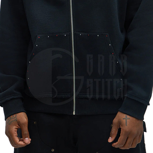Distress Embroidered Rhinestone Zip-Up Hoodie <b>Black</b> Unisex <b>Fleece</b> Oversized Eco-Friendly Winter - Product Image 5