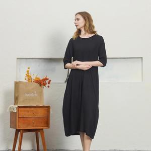Premium Black O-Neck Linen Midi <b>Dress</b> With Short Sleeve Boho <b>Loose</b> Fit Cotton Summer Casual Daily Wear - Product Image 1