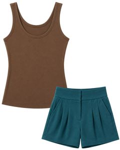 Conjunto de Dos Piezas Personalizado para Mujer, Camiseta sin Mangas Marrón con Pantalones Cortos Teal, Ropa Casual de Verano, Estilo Lounge - Product Image 1