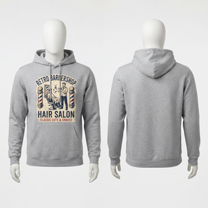 เสื้อฮู้ดบาร์เบอร์ผ้าฟลีซผสมคอตตอนพรีเมียม 260 GSM สีเทา สกรีนโลโก้สไตล์วินเทจแบบกำหนดเอง เสื้อผ้าสตรีทแวร์กันลม - Product Image 1