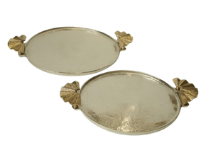 Luxury <b>Silver</b> Metal Serving Tray Set Gold Fan Handle Elegant Oval Aluminum Platter Modern <b>Coffee</b> <b>Table</b> - Product Image 1