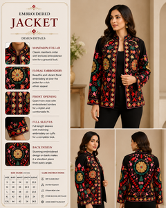 Artisan Black Hand Embroidery Jacket Women Boho Chic Winter Bomber Handmade Masterpiece Ethnic <b>Needlework</b> Coat Gift Coat Set - Product Image 3