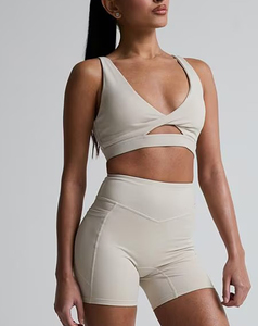 Women's Solid 2-Piece Yoga Set Deep V Neck Crisscross Straps High Waist <b>Shorts</b> Breathable <b>Seamless</b> Activewear 2026 Wholesale - Product Image 3