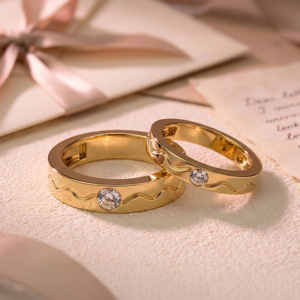 Bagues de mariage en or jaune avec diamant rond, style classique, bagues unisexes - Product Image 4