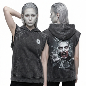 Sudadera sin mangas gris oscuro con lavado ácido para mujer, estampado de espejo rotto de zombi, efecto desgastado, borde sin rematar, sudadera tipo tank top personalizada estilo streetwear - Product Image 1