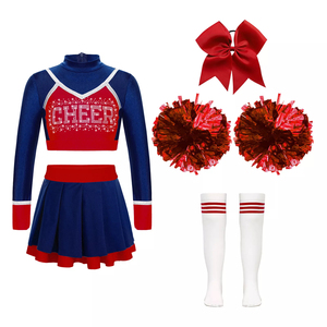 Ensemble d'uniformes de cheerleading pour filles, haut court à manches longues, jupe plissée, tenue de danse avec nœud, pompon et chaussettes hautes jusqu'aux genoux - Product Image 1