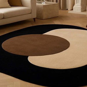 Alfombra de Lana Hecha a Mano, Diseño Abstracto Negro y Beige, Alfombra Moderna Irregular de Estilo Mid-Century, Decoración Abstracta Contemporánea para el Hogar - Product Image 3