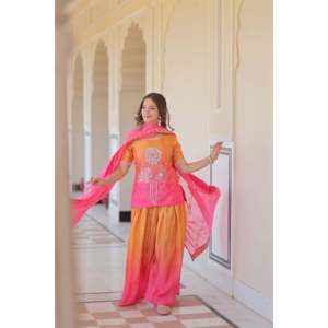 Ensemble palazzo brodé en lin avec dupatta en soie pour femmes - Product Image 2