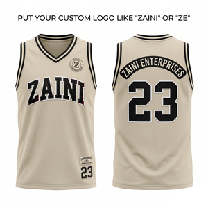 Maillot de basketball unisexe en maille polyester 220 GSM de qualité supérieure, séchage rapide, respirant, beige et noir, avec broderie personnalisée en sergé tissé - Product Image 1
