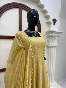 ชุดเดรส Anarkali สีเหลืองผ้าจอร์เจตต์ปักลายสไตล์อินเดีย-ปากีสถาน ยาวกรอมพื้น เนื้อผ้านุ่ม ซับในไมโครไฟเบอร์ แห้งเร็ว เหมาะสำหรับงานแต่งงานและงานปาร์ตี้ - Product Image 4