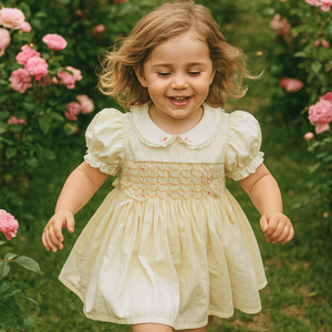 Vestido de Niña con Bordado Smocked, Color Crema, Algodón Transpirable, Vestidos de Princesa, Bordado a Mano, Tela con Estampado Personalizado, Fabricante de Vietnam - Product Image 5