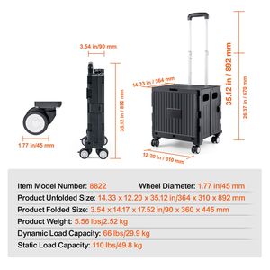 Carrello Pieghevole Multiuso Resistente con Capacità di Carico di 50 kg, Carrello Portatile per la Spesa con Manico Telescopico e 4 Ruote, Carrello a Mano con Cesto - Product Image 3