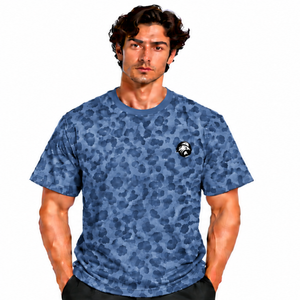 T-shirt en denim bleu à imprimé léopard, manches courtes, col rond, motif décontracté, léger, doux, streetwear, vêtement de tous les jours, haut tendance - Product Image 1