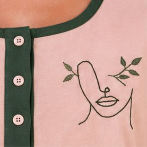 Blush And Forest Green Women Two Piece Shorts Set Round Neck Button <b>Top</b> Minimal Embroidery Casual Summer Cotton Lounge Wear - Product Image 5