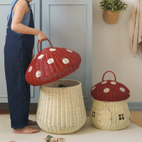 Panier de rangement pour jouets d'enfants en rotin avec couvercle en forme de champignon, boîte décorative naturelle, magnifique mobilier de chambre d'enfant, vente en gros