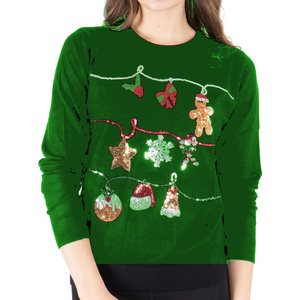 Custom <b>Women</b> Green <b>Christmas</b> Holiday Party Knitted Pullover <b>Sweatshirt</b> Winter Sequin Festive Crew Neck Long Sleeve Top - Product Image 1