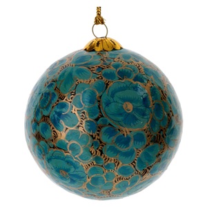Handmade Paper Mache <b>Christmas</b> Ball Ornament Blue Floral <b>Gold</b> Pattern Traditional Hanging <b>Decorative</b> Sphere Jammu Kashmir High - Product Image 3