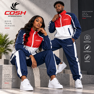 Conjunto Deportivo Cortavientos Ligero Unisex de Nailon en Diseño Color-Block Rojo, Azul y Blanco - Product Image 6