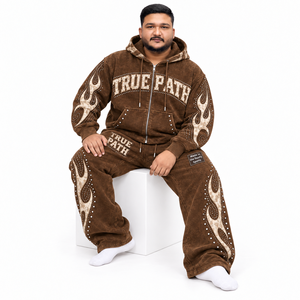 Ensemble survêtement homme marron zippé avec sweat à capuche et pantalon de jogging, décontracté, grande taille, longueur intégrale, imprimé strass, style streetwear - Product Image 3