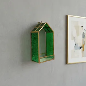 Artisan Design Modern Green Glass <b>Wall</b> Shelf with Brass Frame Hut Shape <b>Hanging</b> <b>Storage</b> Organizer for Living Room Decor - Product Image 4