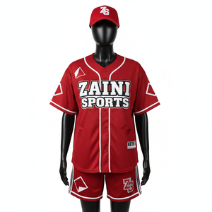 Ensemble short de baseball pour femme en tissu mesh polyester respirant, design à panneaux avec passepoil rouge et blanc, logo personnalisé en twill. Ensembles pour femmes. - Product Image 1