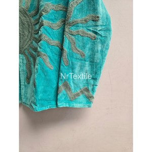 Turquoise Velvet Blouson Jacket Mandarin Collar Full Sleeve Hand Embroidered Sun Pattern Autumn Women's <b>Coat</b> - Product Image 5