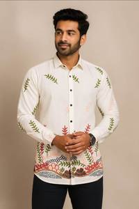 เสื้อเชิ้ตผู้ชายผ้าลินินพรีเมียมพิมพ์ลายดอกไม้ แขนยาว ทรงปกติ ปกเสื้อแบบสเปรด ติดกระดุม ดีไซน์เนอร์แบรนด์ DC - Product Image 4