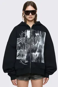 Sweat-shirt à capuche unisexe noir, coupe classique, couleur unie, décontracté, avec fermeture éclair et poche avant, en molleton bouclette, pour l'automne - Product Image 4