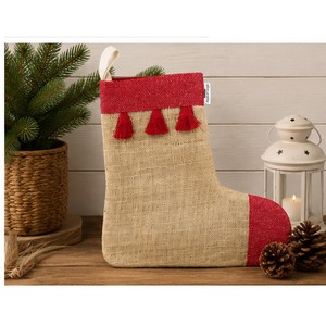 Custom Jute Christmas Stocking With Tassels Natural Red Burlap Gift Bag 31x31x16 cm Wholesale OEM ODM Private Label Manufacturer - Product Image 5