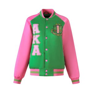 AKA <b>Pink</b> Green Satin Bomber <b>Jacket</b> Unisex Letterman Style Zip Up <b>Jacket</b> Casual Streetwear Fashion Outerwear Apparel - Product Image 1