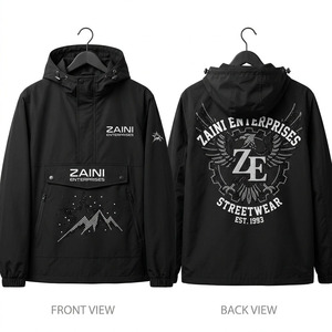 <b>Men</b> <b>Windbreaker</b> Jacket Premium Quality Polyester Taffeta Shell 130 GSM <b>Black</b> Hooded Pullover Custom Rhinestone Logo Streetwear - Product Image 1