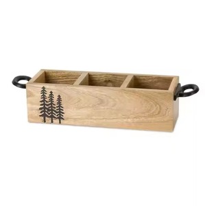 Rustic Wooden Caddy Storage Box Rectangular with Metal Handle for Living Room Sundries Handmade Single Tier Cutlery Holder - Product Image 4