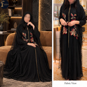 Robe Abaya en dentelle superposée pour femmes avec manches longues, robe noire fluide |   Vêtements musulmans avec broderie florale multicolore et bordure dorée - Product Image 3