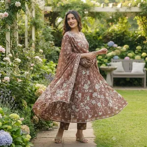 Conjunto de Kurta Anarkali con Estampado Floral Marrón para Mujer, Vestido con Cuello en V y Falda Acampanada con Dupatta, Ropa Tradicional Étnica para Fiestas - Product Image 5