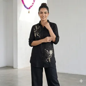 Tunique noire brodée pour femme avec manches longues, motif floral, coupe ample, ensemble décontracté toutes saisons - Product Image 5