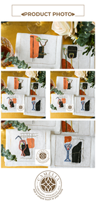 Serviette en lin blanc avec broderie abstraite sur le thème des cocktails, accents orange-noir audacieux ajoutant une touche artistique aux tables - Product Image 3