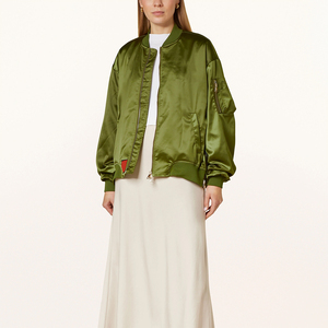 Olive Green Woven Satin Winter Bomber <b>Jacket</b> <b>Women</b> <b>Lightweight</b> Zip up Casual Streetwear Varsity Custom Logo OEM - Product Image 3