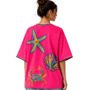 เสื้อยืดโอเวอร์ไซส์สีชมพูสดใส พิมพ์ลายมหาสมุทรหลากสีสัน สไตล์ลำลอง ผ้าฝ้าย สตรีทแวร์ ใส่สบายช่วงฤดูร้อน ทรงหลวม รับผลิตตามแบบ OEM ODM ขายส่ง - Product Image 2