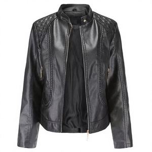 Chaqueta de Moto de Cuero PU Negra para Hombre, Cuello Alto, Cierre de Cremallera, Corte Ajustado, para Otoño, Manga Larga, Color Sólido - Product Image 2