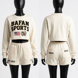 Ensemble haut court et short pour femme en coton riche 300 GSM de qualité supérieure, couleur crème, tissu respirant, logo brodé personnalisé - Product Image 6