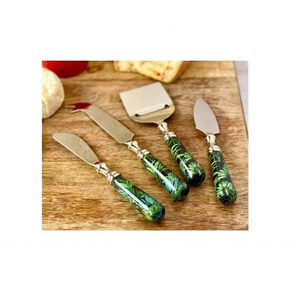 Wholesale 4-Piece <b>Cheese</b> <b>Knife</b> <b>Set</b> Eco-Friendly Silver Leafy Green Resin Handles Luxury Modern Design Hand Wash Only - Product Image 3